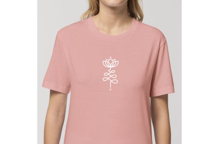 Vêtements de Yoga pour Femme. Ce T shirt en coton bio arbore le symbole bien connu de l'Unalome, la fleur de lotus.